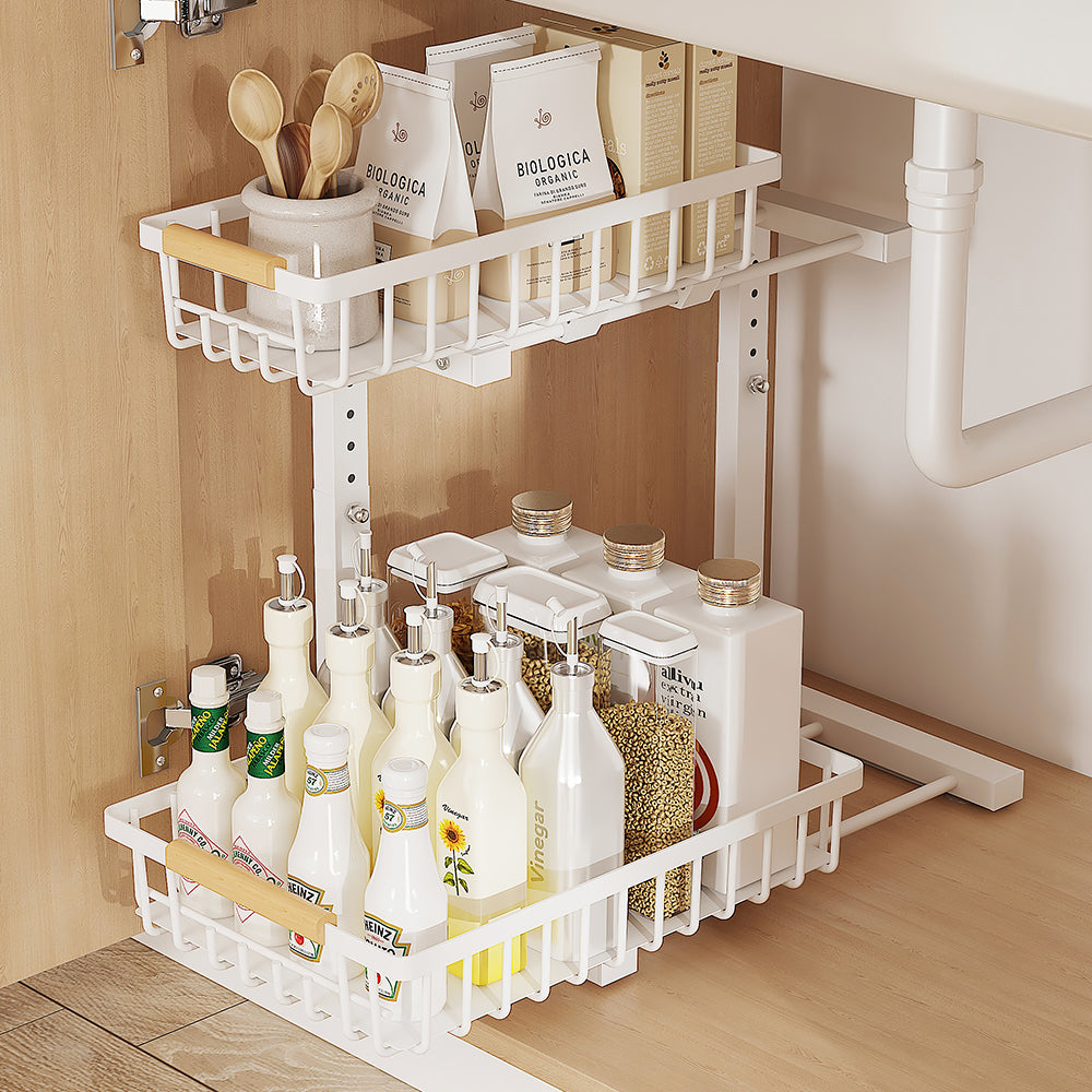 Under Sink Storage Organizer, 2 Tier Pull Out Sliding Under Sink Organizers and Storage Shelf Drawers for Bathroom Kitchen, 2 Pack Metal Adjustable Kitchen Bathroom Under Cabinet Organizer Storage