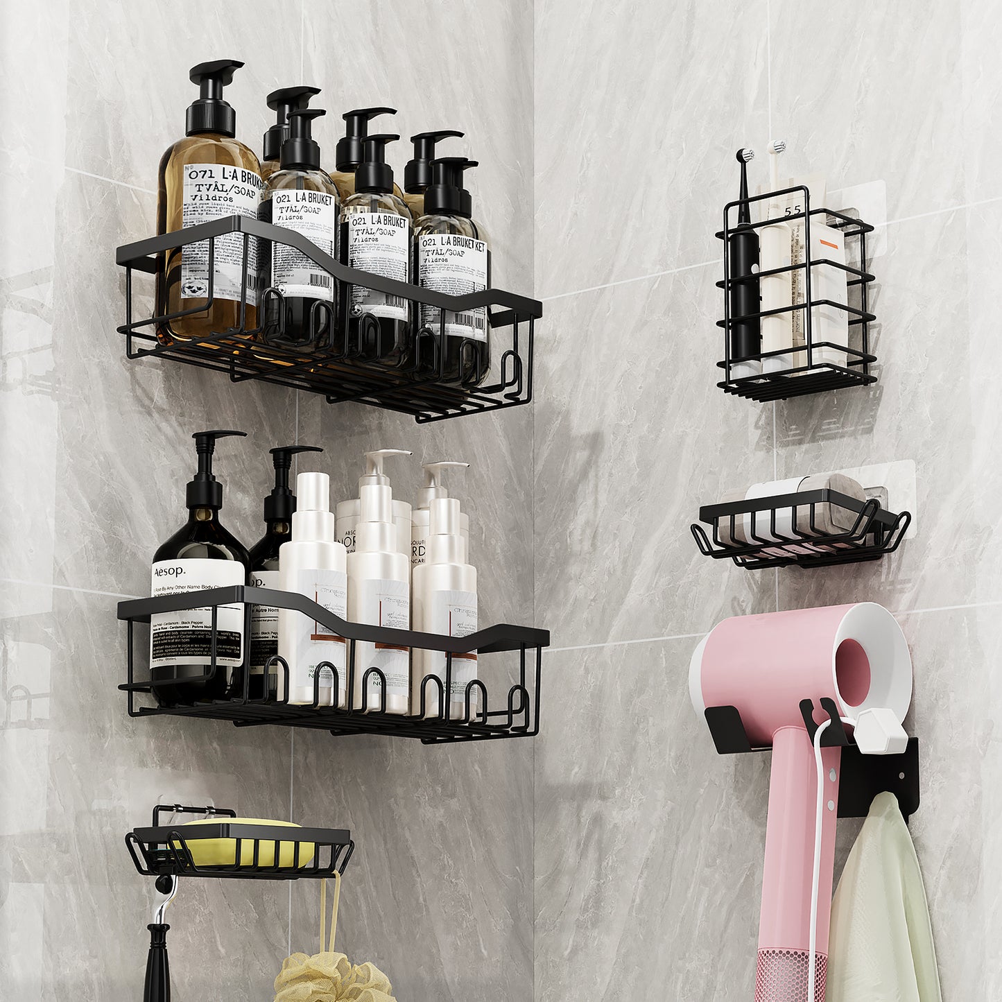 ONAIL Shower Caddy 6 Pack,Adhesive Bathroom Shower Organizer for Bathroom Storage&Home Decor&Kitchen,No Drilling,Large Capacity, Rustproof Stainless Steel Shower Shelves Rack for Inside Shower, Black,grey