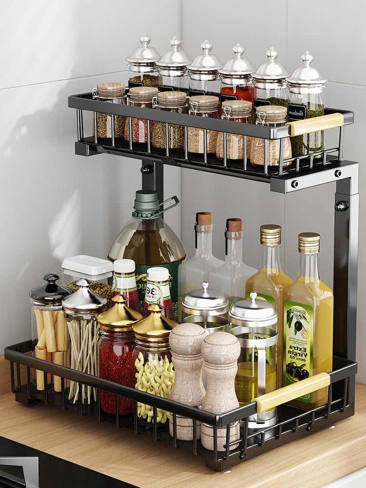 Under Sink Storage Organizer, 2 Tier Pull Out Sliding Under Sink Organizers and Storage Shelf Drawers for Bathroom Kitchen, 2 Pack Metal Adjustable Kitchen Bathroom Under Cabinet Organizer Storage