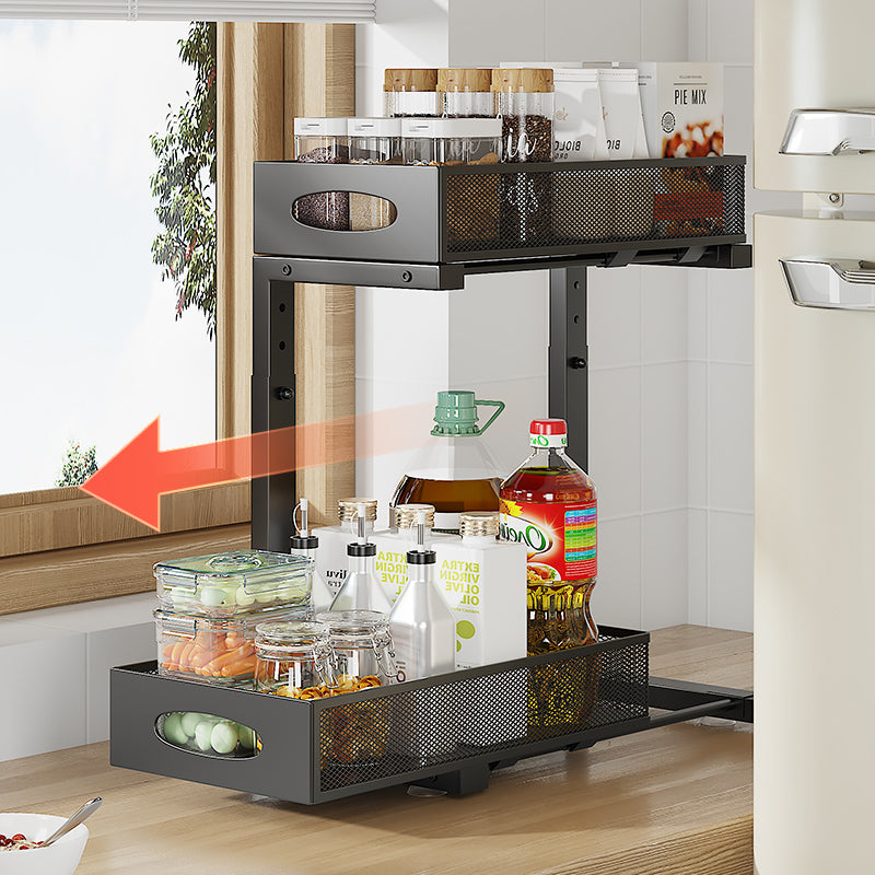 Under Sink Storage Organizer, 2 Tier Pull Out Sliding Under Sink Organizers and Storage Shelf Drawers for Bathroom Kitchen, 2 Pack Metal Adjustable Kitchen Bathroom Under Cabinet Organizer Storage