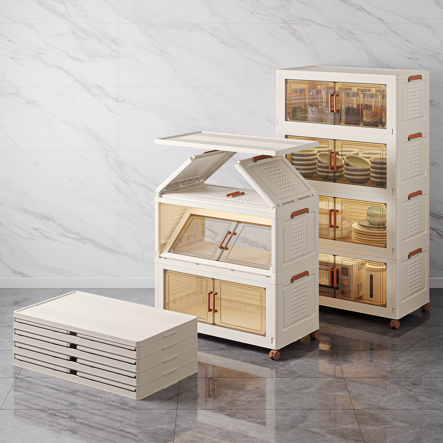 ONAIL Super large Foldable Storage Box with Lid & Universal Wheels, Stackable Household Storage Holders with Partition for Kitchen Bedroom Bathroom warehouse (cream white)Kitchen Storage,Home Storage,Bathroom Organization,Balcony Organizer