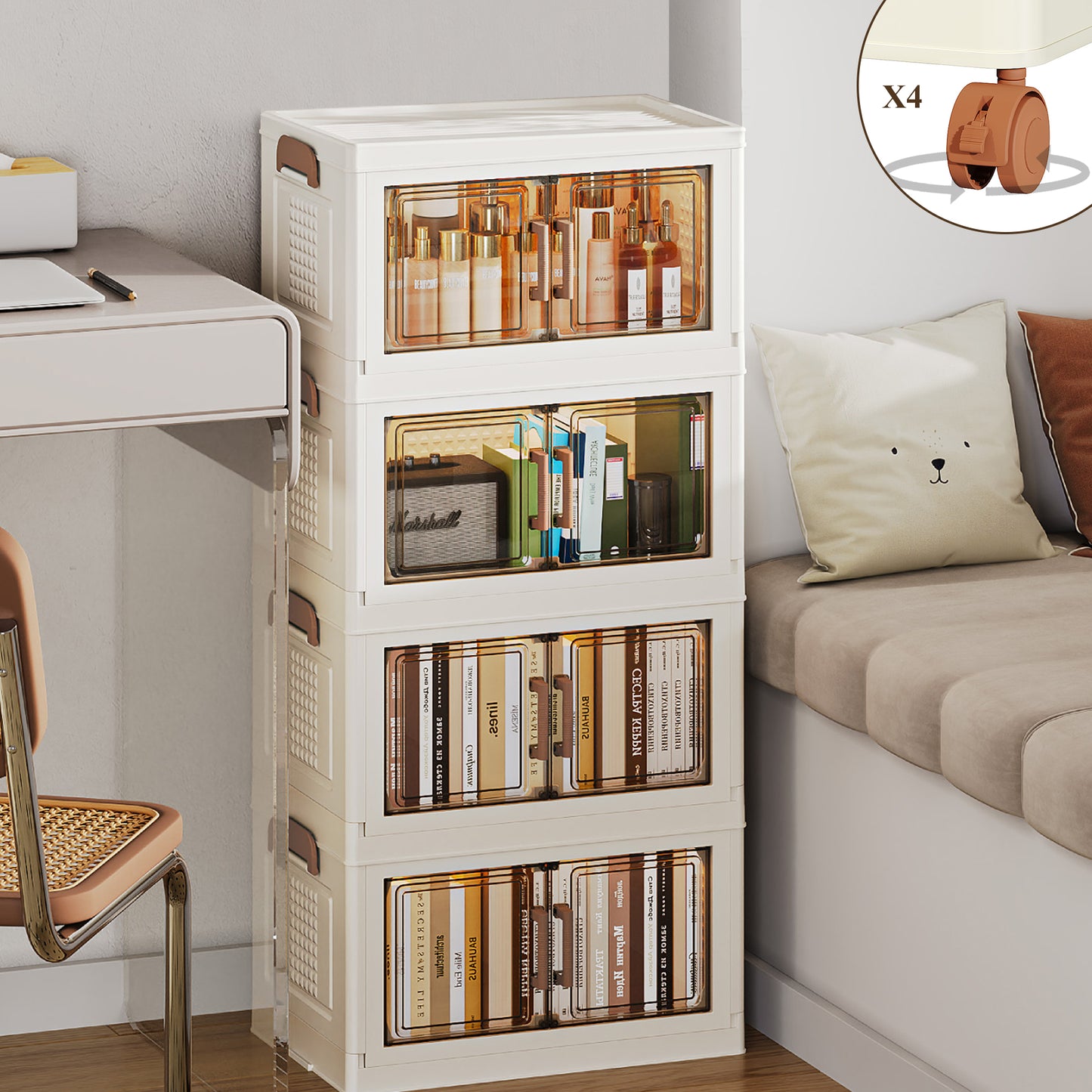 ONAIL Super large Foldable Storage Box with Lid & Universal Wheels, Stackable Household Storage Holders with Partition for Kitchen Bedroom Bathroom warehouse (cream white)Kitchen Storage,Home Storage,Bathroom Organization,Balcony Organizer