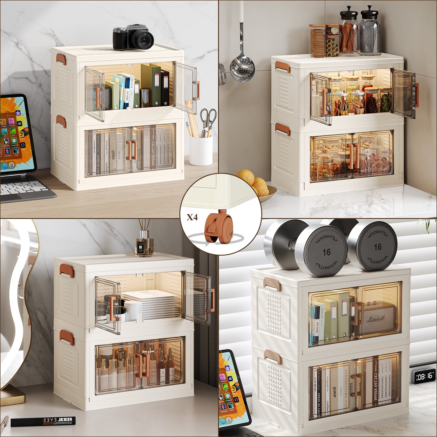 ONAIL Super large Foldable Storage Box with Lid & Universal Wheels, Stackable Household Storage Holders with Partition for Kitchen Bedroom Bathroom warehouse (cream white)Kitchen Storage,Home Storage,Bathroom Organization,Balcony Organizer