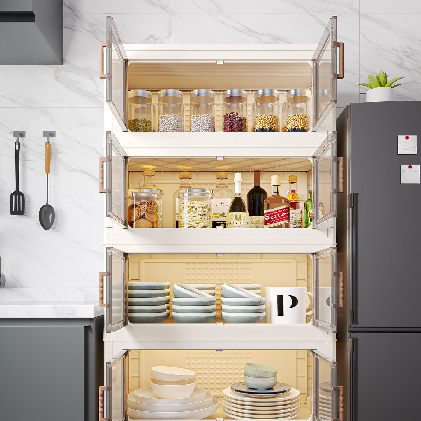 ONAIL Super large Foldable Storage Box with Lid & Universal Wheels, Stackable Household Storage Holders with Partition for Kitchen Bedroom Bathroom warehouse (cream white)Kitchen Storage,Home Storage,Bathroom Organization,Balcony Organizer