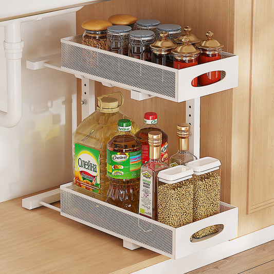 Under Sink Storage Organizer, 2 Tier Pull Out Sliding Under Sink Organizers and Storage Shelf Drawers for Bathroom Kitchen, 2 Pack Metal Adjustable Kitchen Bathroom Under Cabinet Organizer Storage