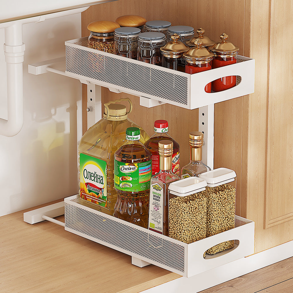 Under Sink Storage Organizer, 2 Tier Pull Out Sliding Under Sink Organizers and Storage Shelf Drawers for Bathroom Kitchen, 2 Pack Metal Adjustable Kitchen Bathroom Under Cabinet Organizer Storage
