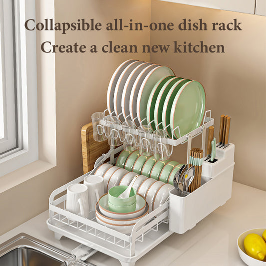 Dish Drying Rack, Kitchen Dish Rack, Space Saving and Durable, with Drainer Board and Cutlery/Cutting Board Holder for Kitchen Countertops, with Utensil Holder, Cup Holder and Drainer Board - White