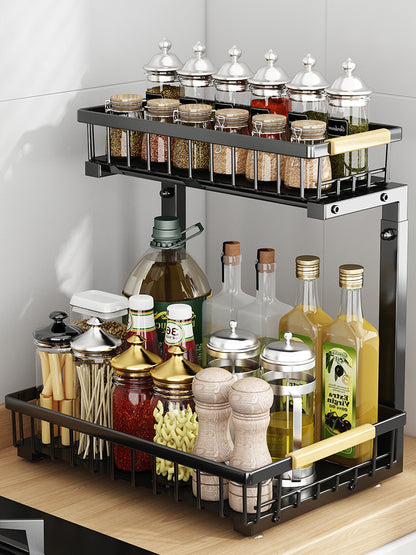 Under Sink Storage Organizer, 2 Tier Pull Out Sliding Under Sink Organizers and Storage Shelf Drawers for Bathroom Kitchen, 2 Pack Metal Adjustable Kitchen Bathroom Under Cabinet Organizer Storage