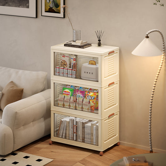 ONAIL Super large Foldable Storage Box with Lid & Universal Wheels, Stackable Household Storage Holders with Partition for Kitchen Bedroom Bathroom warehouse (cream white)Kitchen Storage,Home Storage,Bathroom Organization,Balcony Organizer